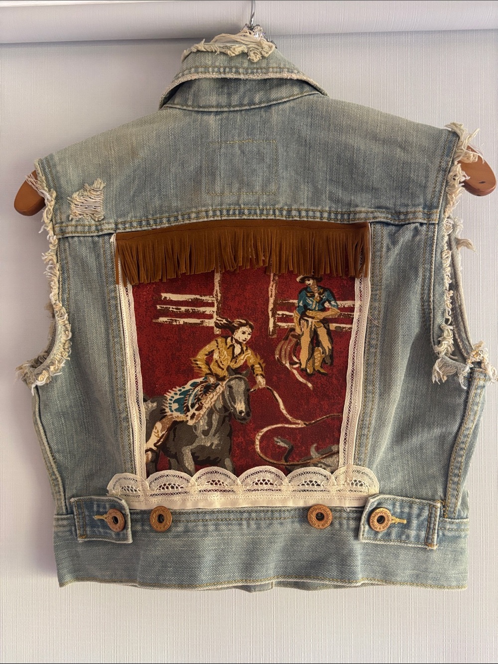 Vintage-Levi Denim Vest with Red Western Patch & Fringe. Up-cycled